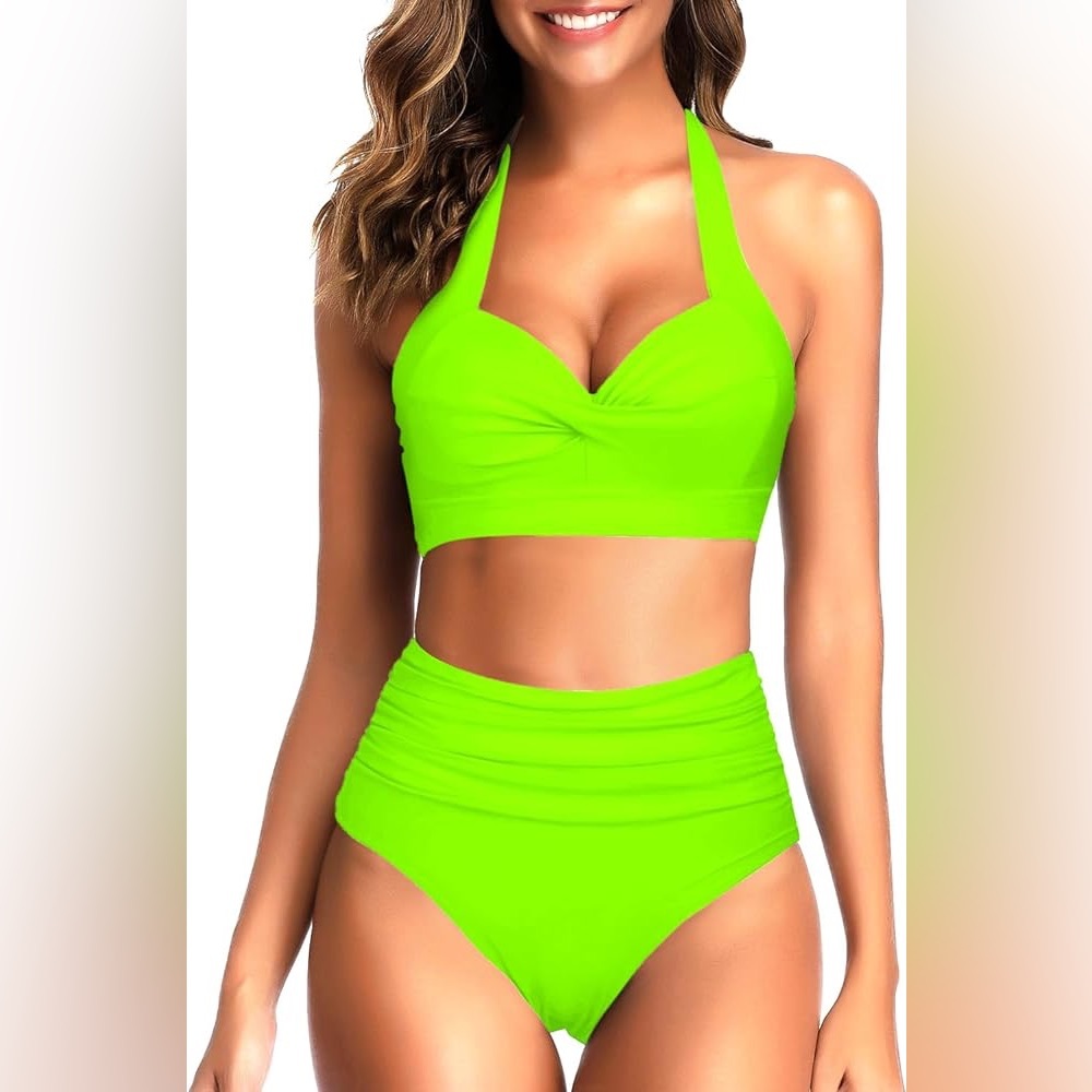 NWT Vintage Swimsuit Retro Halter Ruched High Waist Bikini with Bottom